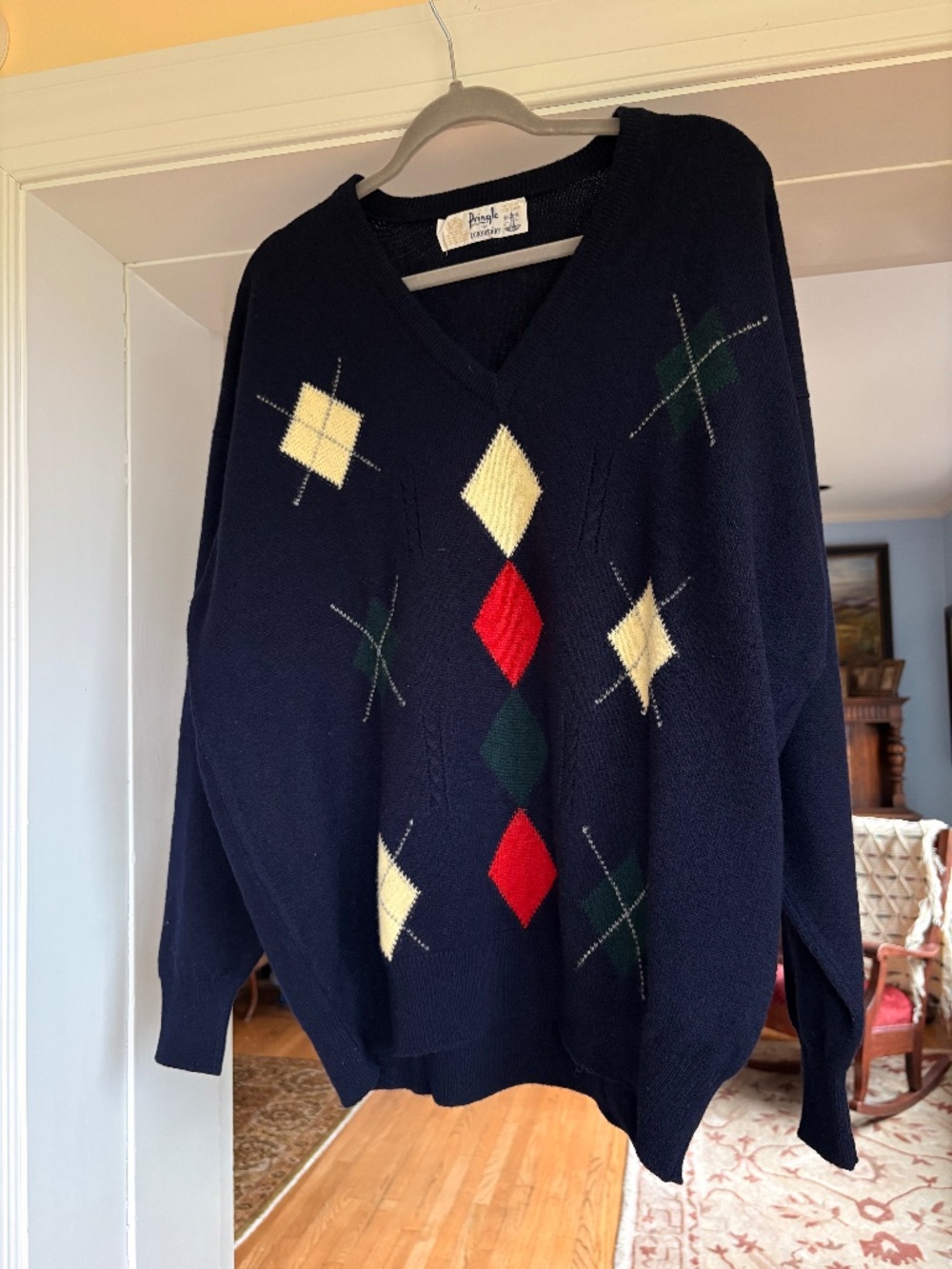 Pringle of Scotland Navy Argyle 100% Heavy Wool Quality Warm Winter Sweater XL
